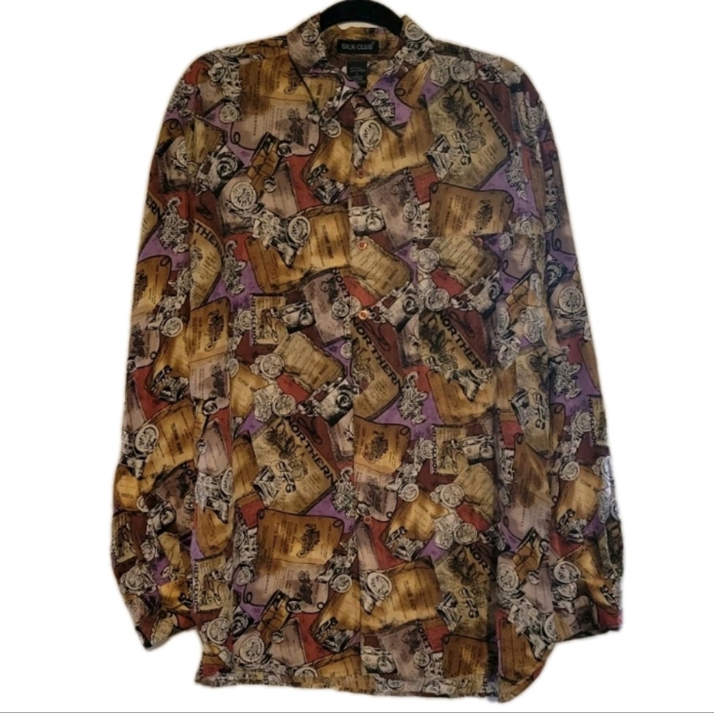 Y2K Silk Club VTG 80's 100% Silk Long Sleeve Shirt Model T Cars Newspaper Print